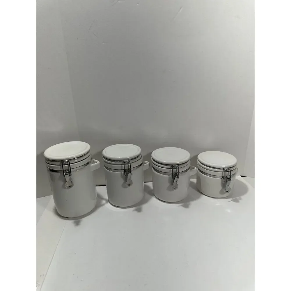 Linens N Things Set Of 4 Canisters Lock Jar airtight seal White Canister‎ Coffee